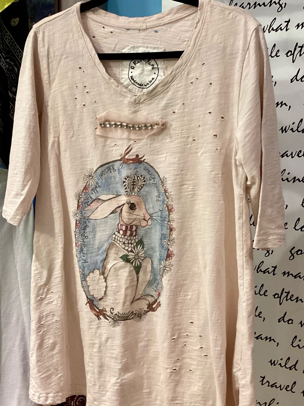 A Rare Bird Cream V-Neck Rabbit Graphic Short Sleeve Tee